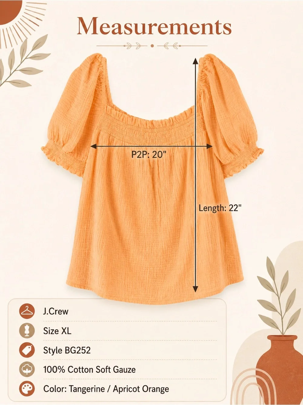 J. Crew Soft Tangerine 🍊 Gauze - Puff Sleeve Boho Top - Size L